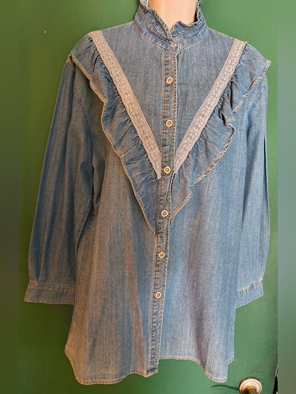 Women's Ruffled Denim Blouse By Boohoo Blue Size 8